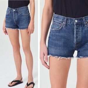 NEW Agolde Parker Short Denim Fray Vintage Cutoff Caution Blue Organic Cotton
